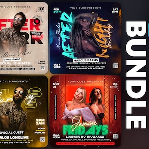 May include: Four colorful flyers for a club night. Each flyer features a different theme, including "After Work", "After Night Sunday", "Thursdays Sunny", and "Jasmine Fridays". The flyers include the date, time, location, and special events.