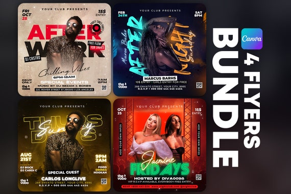 Bundle Club Flyer Templates, Party Flyers Bundle, Canva Editable Template, Club Flyer Canva, DJ Flyer Bundle, Instagram, Facebook