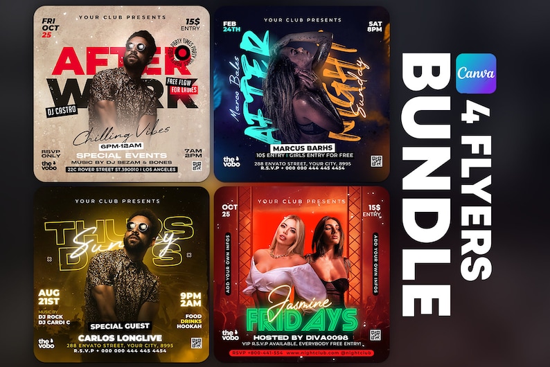 May include: Four colorful flyers for a club night. Each flyer features a different theme, including "After Work", "After Night Sunday", "Thursdays Sunny", and "Jasmine Fridays". The flyers include the date, time, location, and special events.