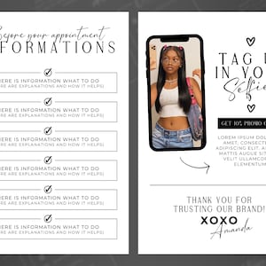 May include: A black and white graphic with a checklist of information to review before an appointment. The graphic also includes a photo of a person taking a selfie with a smartphone. The text on the graphic says "Tag us in your selfies" and "Get 10% promo code!"  The text also says "Thank you for trusting our brand! XOXO Amanda".