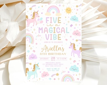 Unicorn 5th Birthday Invitation, Five is a Magical Vibe Invite, Magical Invite, Pastel Rainbow Unicorn Invitation, Printed or Digital LP5637