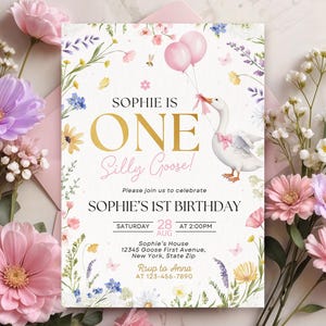 One Silly Goose Birthday Invitation Template, Goose 1st Birthday, Goose Invitation, Spring Invitation, LP02251