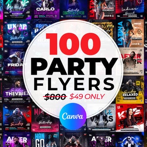 Pode incluir: Uma colagem de 100 flyers de festa coloridos com um grande círculo vermelho no centro que diz "100 PARTY FLYERS $800 $49 ONLY" e a palavra "Canva" em um círculo branco. Os flyers apresentam vários designs e textos, incluindo "Relaxed", "Escape", "Latina", "After Work", "The Vibe", "Han Go", e "Sunday".