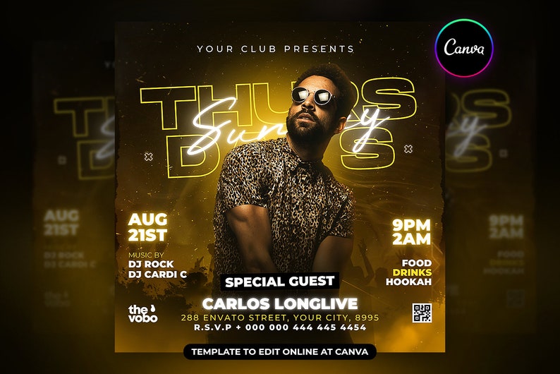 May include: A yellow and black flyer with the text "Thursdays" in a neon yellow font. The flyer advertises a party with a special guest, Carlos Longlive, on August 21st at 9pm. The flyer also includes the text "Music by DJ Rock DJ Cardi C" and "Food Drinks Hookah".
