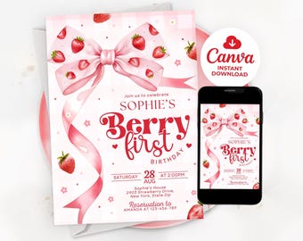 Berry First Birthday Invitation, Strawberry Birthday Invitation Template, Berry 1st Birthday, Bow First Birthday Invitation, LP02251