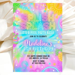 Splish Splash Birthday Invitation, Pool Party Birthday Invitation, Splash Pad Water Slide, Swimming Party Invite, Editable Canva Template 01
