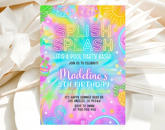 Splish Splash Birthday Invitation, Pool Party Birthday Invitation, Splash Pad Water Slide, Swimming Party Invite, Editable Canva Template 01