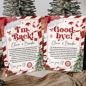 Puede incluir: Dos tarjetas navide&ntilde;as con bordes a rayas rojas y blancas. Una tarjeta dice "I'm Back!" y la otra "Goodbye!". Ambas tarjetas presentan ilustraciones y texto festivos, incluidos los nombres Olivia y Brandon.