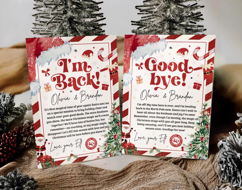 Puede incluir: Dos tarjetas navide&ntilde;as con bordes a rayas rojas y blancas. Una tarjeta dice "I'm Back!" y la otra "Goodbye!". Ambas tarjetas presentan ilustraciones y texto festivos, incluidos los nombres Olivia y Brandon.