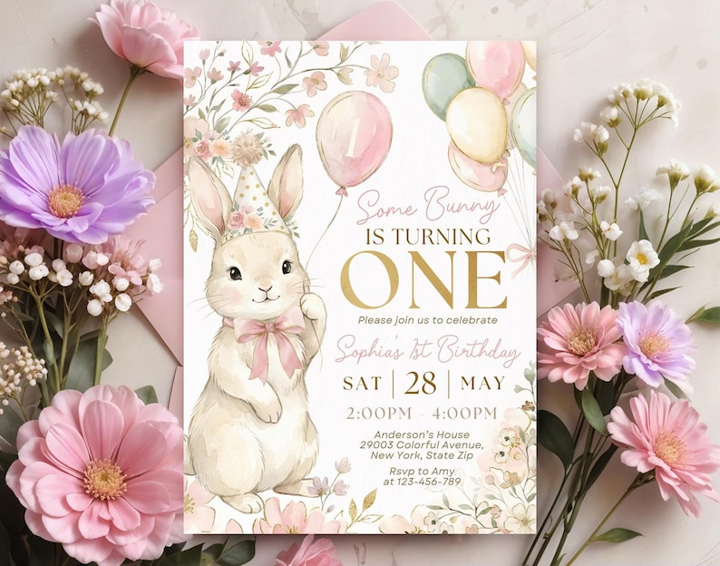 Op de afbeelding: Een verjaardagsuitnodiging met een aquarel illustratie van een konijn met een feesthoedje en een roze ballon. De tekst luidt "Some Bunny is Turning One" met evenementdetails, omringd door bloemmotieven.