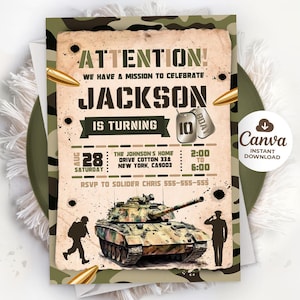 Military Party Invitations, Army Birthday Invitation, Soldier Birthday Invitation, Military Invite, Editable Canva Template 01