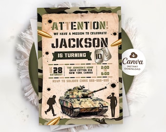 May include: A military-themed birthday invitation with a camouflage background. The invitation features the text "ATTENTION!" and "JACKSON IS TURNING 10". It includes a tank illustration, dog tags, and bullet graphics. The date and time are also included.