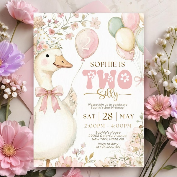 Rosa Gingham Dumme Gans 2. Geburtstag Einladung Vorlage, Zwei Dumme Gans Einladung, Bearbeitbare Canva Vorlage