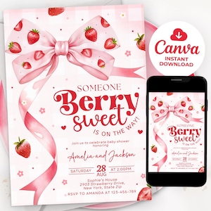 Berry Sweet Baby Shower Invitation, Berry Sweet Baby Shower Invitation, Berry Sweet Invitation, Strawberry Baby Shower Invite, Canva LP01