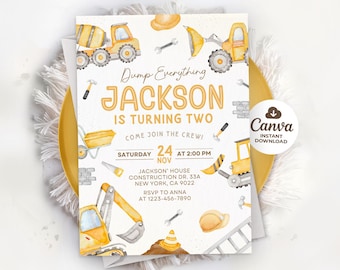 May include: Watercolor-style construction-themed birthday invitation. The invitation features yellow construction vehicles, tools, and the text "Dump Everything JACKSON IS TURNING TWO." Includes date, time, and RSVP information. The design is set against a white background.