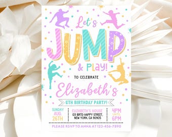 Invitación de salto, invitación de cumpleaños de salto, invitación a fiesta de trampolín para niñas, fiesta de castillo inflable para niños, plantilla editable Canva LP01
