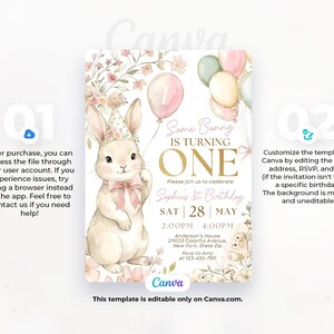 Op de afbeelding: Een verjaardagsuitnodigingssjabloon met een aquarelillustratie van een konijn met een feesthoedje en een ballon. De uitnodiging luidt "Some Bunny is Turning One" met aanpasbare details voor het evenement.