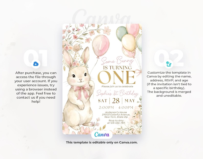 Op de afbeelding: Een verjaardagsuitnodigingssjabloon met een aquarelillustratie van een konijn met een feesthoedje en een ballon. De uitnodiging luidt "Some Bunny is Turning One" met aanpasbare details voor het evenement.