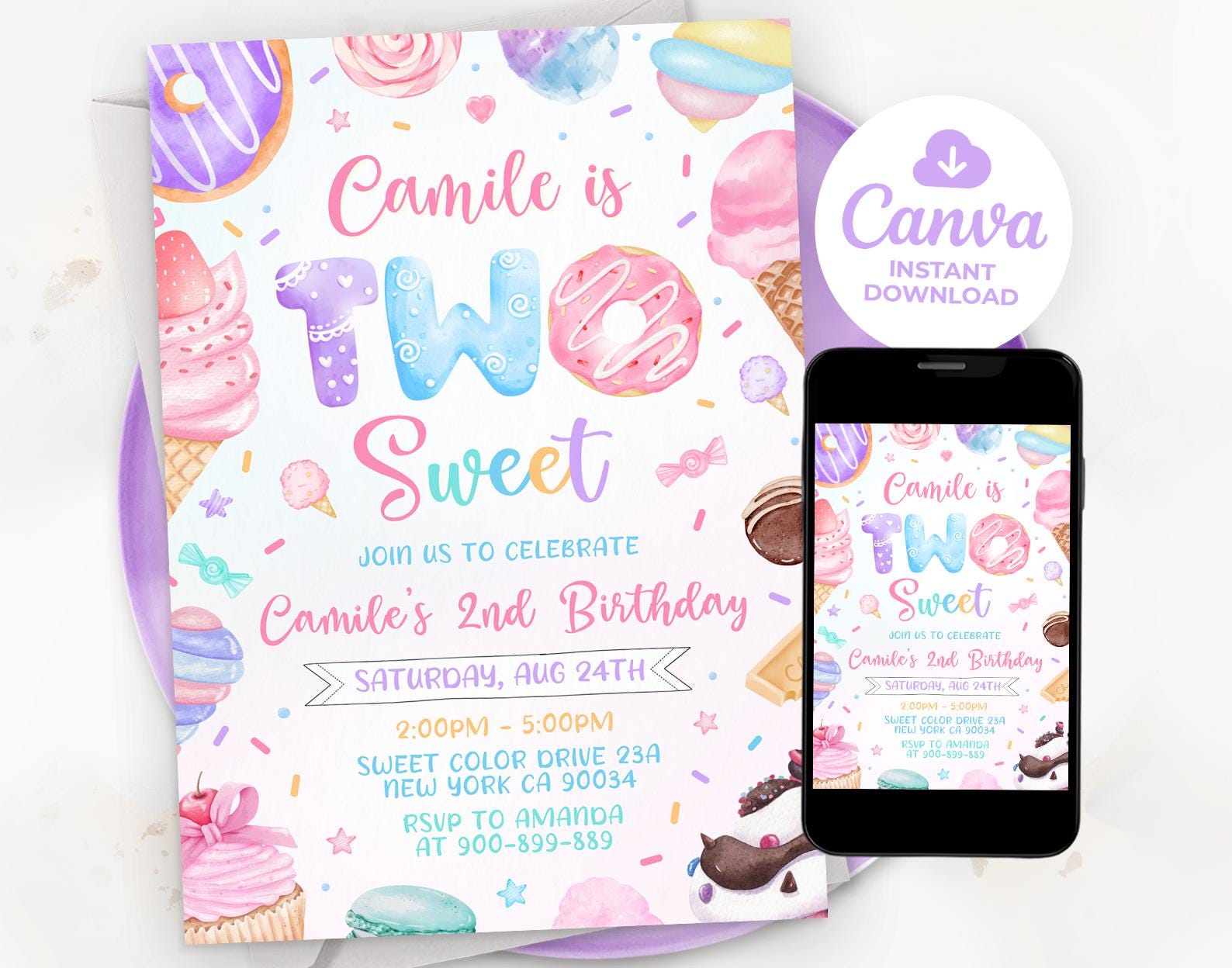 Two Sweet Invitation, 2nd Birthday Invitation, Sweets Invite, Sweet Birthday, Editable Canva Template 02LP