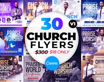 30 Church Flyers Bundle V1, Church Service Flyer, School Flyer, Anniversary Flyer, Editable Canva Templates 4x4