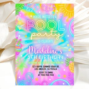 Pool Party Invitation, Summer Glow Neon Invite, Tie dye Birthday Pool Party Invite, Swimming Party Invite, Editable Canva Template 01