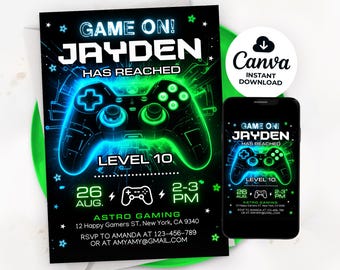 Video Game Party Invitation, Green Gamer Birthday Invitation, Level Up Birthday Invitation, Gamer Boy Template, Editable Canva Template LP03