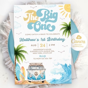 Boy The Big One Surfing 1st Birthday Party Invitation Retro Boy Surf Van Surfboard Beach Party Invite, Editable Template LP01