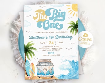 Boy The Big One Surfing 1st Birthday Party Invitation Retro Boy Surf Van Surfboard Beach Party Invite, Editable Template LP01
