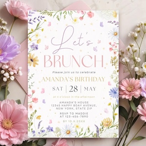 Lassen Sie uns Brunch-Einladungsvorlage, Wildblumen-Geburtstags-Brunch-Einladung, Blumen Damen Party, Mädchen-Party-Einladung, bearbeitbare Vorlage 02