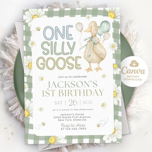 One Silly Goose Birthday Invitation, Goose 1st Birthday, Goose Invitation, Boy 1st Birthday Invitation, Editable Canva Template LP01