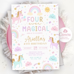 Unicorn 4th Birthday Invitation, Four Ever Magical Invitation, Magical Party Invite, Pastel Rainbow Unicorn Invitation, Editable Template 01