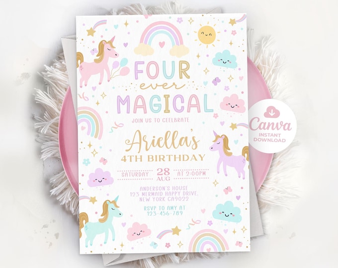 Unicorn 4th Birthday Invitation, Four Ever Magical Invitation, Magical Party Invite, Pastel Rainbow Unicorn Invitation, Editable Template 01