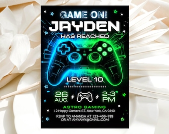 Invito per festa a tema videogiochi, invito di compleanno per gamer verde, invito di compleanno Level Up, modello per ragazzo gamer, modello Canva modificabile LP03