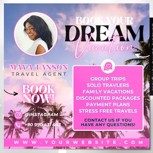 Folheto editável de agente de viagens, folheto de viagens, agente de viagens, folheto de mídia social, modelo Canva editável