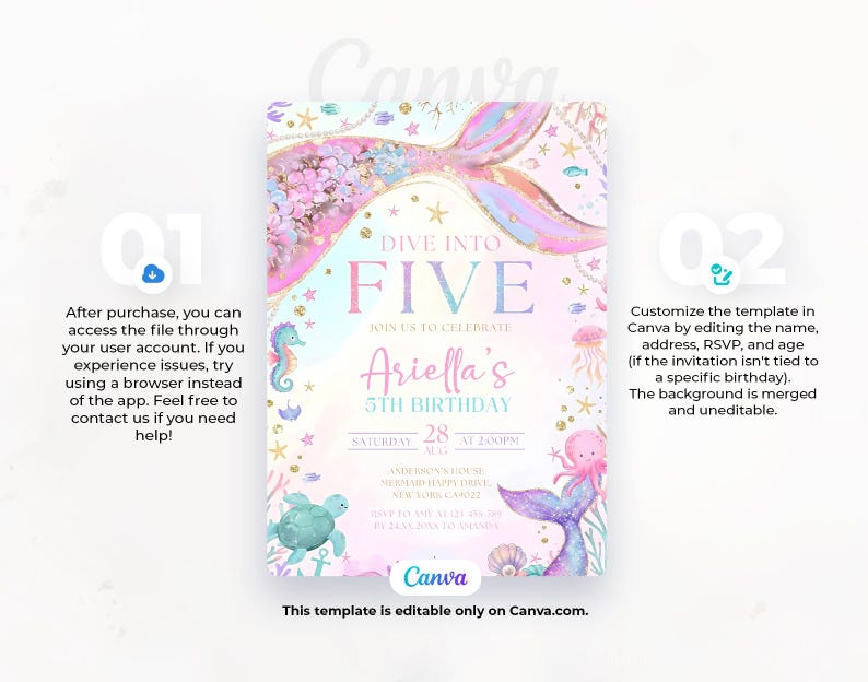 May include: A mermaid-themed birthday invitation with the text "Dive into Five" and "Ariella's 5th Birthday." The design features a mermaid tail, seahorse, turtle, and jellyfish in pastel colors. The invitation is editable on Canva.