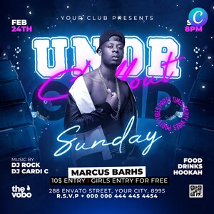 May include: A flyer for a club event called "Under Cover" featuring a DJ and a performer. The flyer is blue with neon pink and blue text. The event is on February 24th at 8 PM. The flyer includes the text "Music by DJ Rock DJ Cardi C" and "Marcus Barhs".