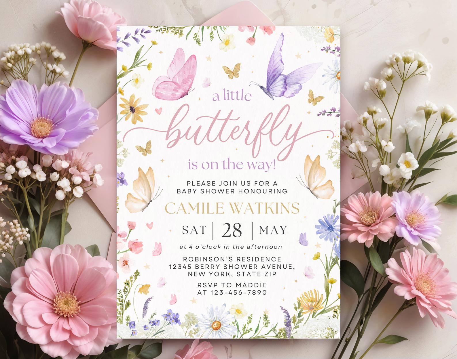 Butterfly Baby Shower Invitation, Baby Shower Invitation, Butterflies and Flowers Baby Shower Invitation, Editable Template LP01