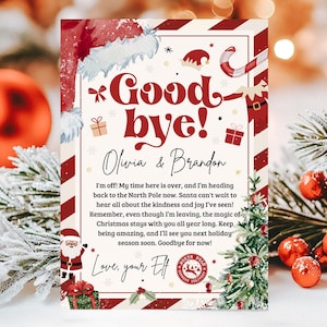 Puede incluir: Una tarjeta navide&ntilde;a festiva con un borde a rayas rojas y blancas. La tarjeta presenta las palabras "Goodbye!" en una fuente decorativa, junto con los nombres "Olivia & Brandon". La tarjeta est&aacute; decorada con ilustraciones navide&ntilde;as y un mensaje de un elfo.