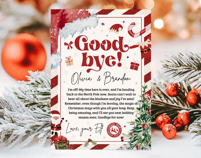 Puede incluir: Una tarjeta navide&ntilde;a festiva con un borde a rayas rojas y blancas. La tarjeta presenta las palabras "Goodbye!" en una fuente decorativa, junto con los nombres "Olivia & Brandon". La tarjeta est&aacute; decorada con ilustraciones navide&ntilde;as y un mensaje de un elfo.