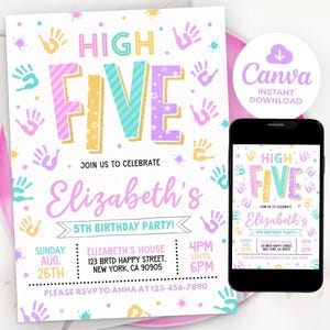 Invitation anniversaire High Five, modèle d'invitation Hi Five, 5e anniversaire de peinture, invitation Hi 5, modèle modifiable Canva LP01