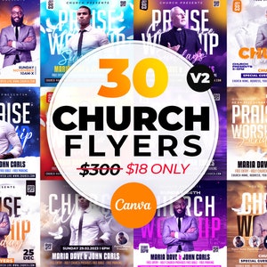 30 Church Flyers Bundle V2, Church Service Flyer, School Flyer, Anniversary Flyer, Editable Canva Templates 4x4