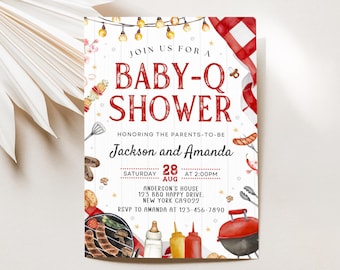 Baby-Q Babypartyeinladung, Baby Q Backyard Paare Baby Sprinkle, Baby BBQ Party Vorlage, bearbeitbare Vorlage LP01
