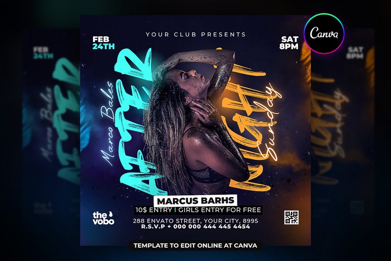 May include: A flyer for a party called "After Night" with a woman in the center. The flyer is black with blue and yellow text. The text says "After Night", "Marco Bales", "Sunday", "Feb 24th", "Sat 8pm", "Your Club Presents", "Marcus Barhs", "10$ Entry | Girls Entry for Free", "288 Envato Street, Your City, 8995", "R.S.V.P + 000 000 444 445 4454", "Template to Edit Online at Canva", and "The Vobo".