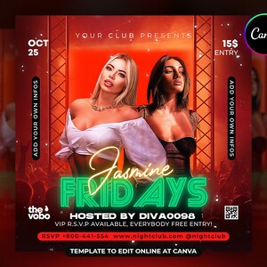 May include: A red and black flyer with a neon green graphic that says "Jasmine Fridays" and the text "Hosted by Diva0098". The flyer also includes the text "VIP R.S.V.P Available, Everybody Free Entry!" and "RSVP +800-441-554 www.nightclub.com @nightclub".