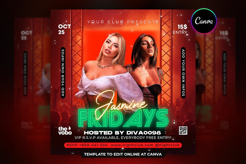 May include: A red and black flyer with a neon green graphic that says "Jasmine Fridays" and the text "Hosted by Diva0098". The flyer also includes the text "VIP R.S.V.P Available, Everybody Free Entry!" and "RSVP +800-441-554 www.nightclub.com @nightclub".