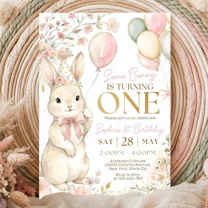 Some Bunny is One, Pink Bow Rabbit eerste verjaardagsuitnodiging, 1e verjaardagsuitnodiging, Some Bunny-uitnodiging, bewerkbare canvassjabloon afbeelding 2