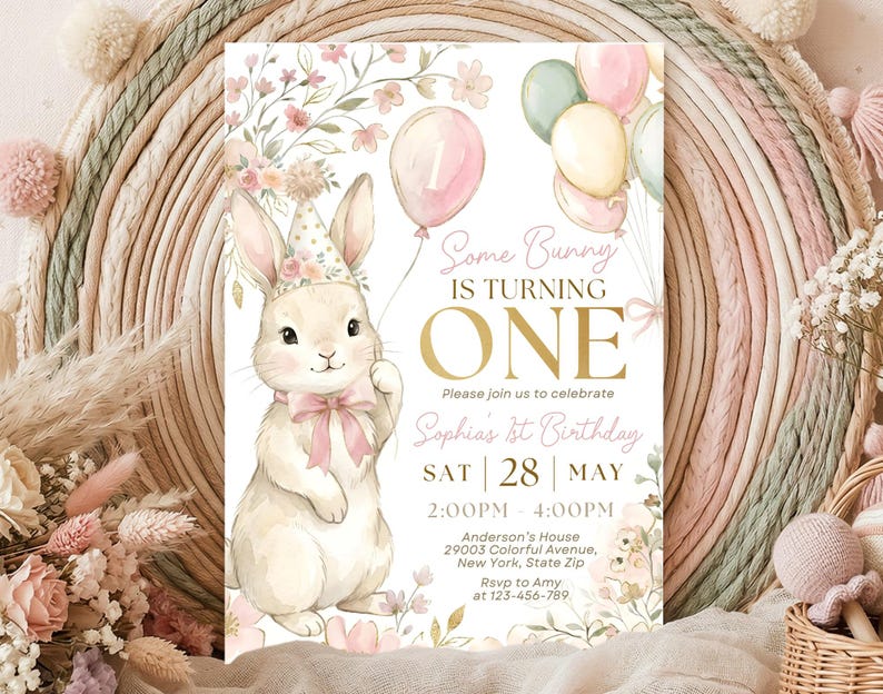 Some Bunny is One, Pink Bow Rabbit eerste verjaardagsuitnodiging, 1e verjaardagsuitnodiging, Some Bunny-uitnodiging, bewerkbare canvassjabloon afbeelding 2