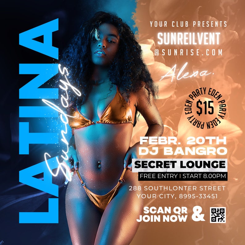 May include: A flyer for a Latin music event called "Latina Sundays" featuring a DJ named Bangro. The event is taking place on February 20th at Secret Lounge, located at 288 Southlonter Street. The flyer features a woman in a gold bikini and the text "Free Entry | Start 8:00PM".
