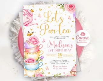 Tea Party Birthday Invitation, Tea Party Invitation, Par-tea Birthday Invitation, Girl Pink Tea Invitation,  Editable Template Canva LP013