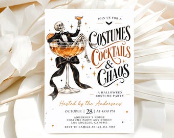 May include: A rectangular Halloween party invitation featuring a skeleton in a tuxedo sitting in a large cocktail glass with an orange slice. The text reads: JOIN US FOR A COSTUMES COCKTAILS & CHAOS A HALLOWEEN COSTUME PARTY HOSTED BY THE ANDERSONS OCTOBER 28 AT 4:00 PM.